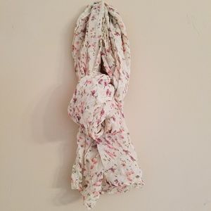 Sheer Cream Scarf with Purple & Pink Flowers